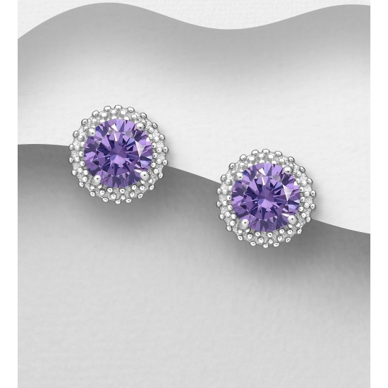 Boucles d'oreilles argent 925 Rhodié ornées de diamants simulés CZ Violet