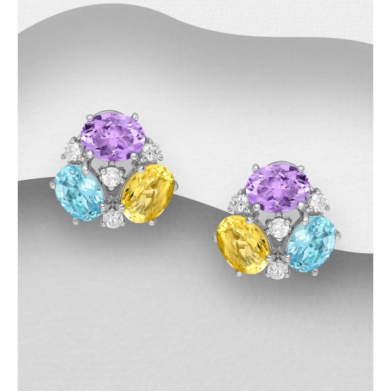 Boucles d'oreilles push-back en argent 925, décorées de pierres précieuses et CZ Boucles d'oreilles push-back en argent 925, décorées de pierres précieuses et CZ
