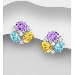 Boucles d'oreilles push-back en argent 925, décorées de pierres précieuses et CZ