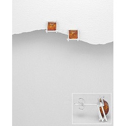 Boucles d'oreilles carrées push-back en argent 925, décorées d'ambre baltique 