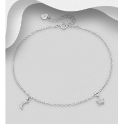 Bracelet de cheville lune et étoile argent 925, orné de diamants simulés CZ 