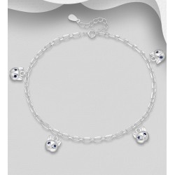 Bracelet de cheville chat argent 925, orné de diamants simulés CZ 