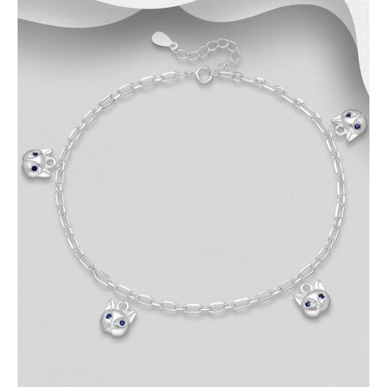 Bracelet de cheville chat argent 925, orné de diamants simulés CZ 