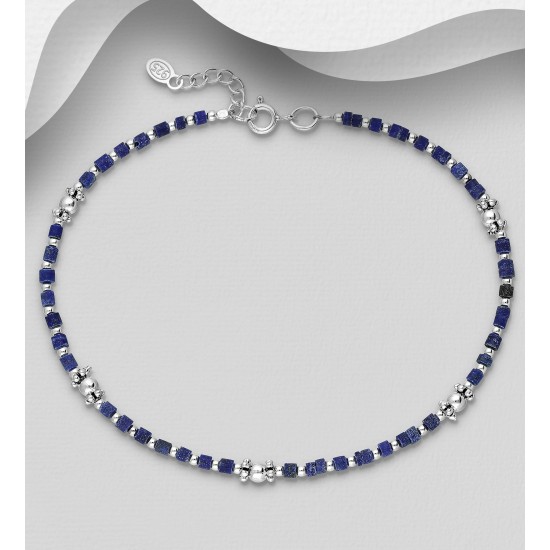 Bracelet de cheville argent 925 perlé de lapis-lazuli