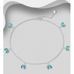 Bracelet de cheville argent 925. orné de cœurs cz colorés