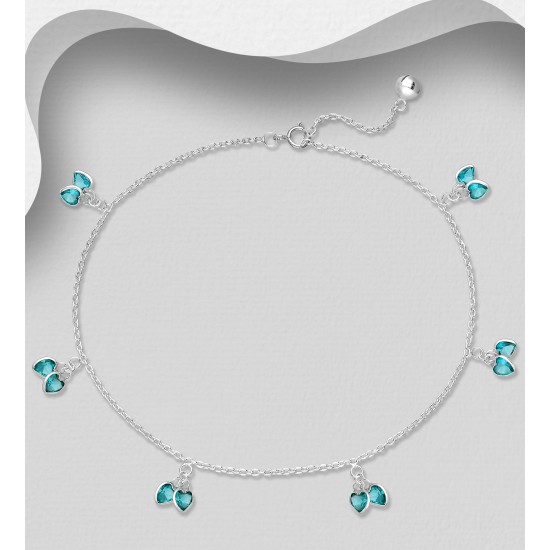 Bracelet de cheville argent 925. orné de coeurs cz Bleu 