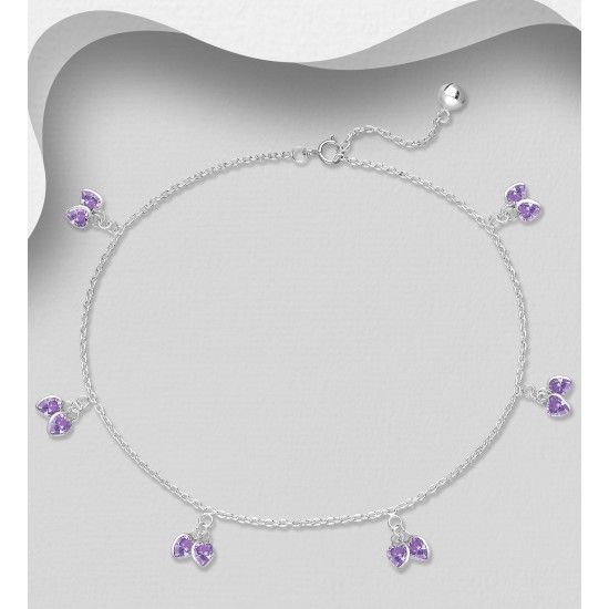 Bracelet de cheville argent 925. orné de coeurs cz Violet