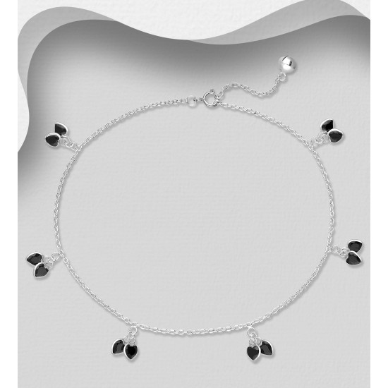 Bracelet de cheville argent 925. orné de coeurs cz Noir