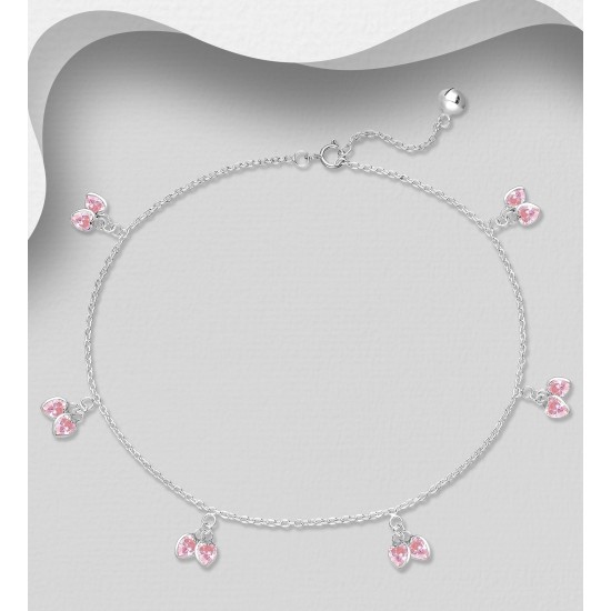 Bracelet de cheville argent 925. orné de coeurs cz Rose 