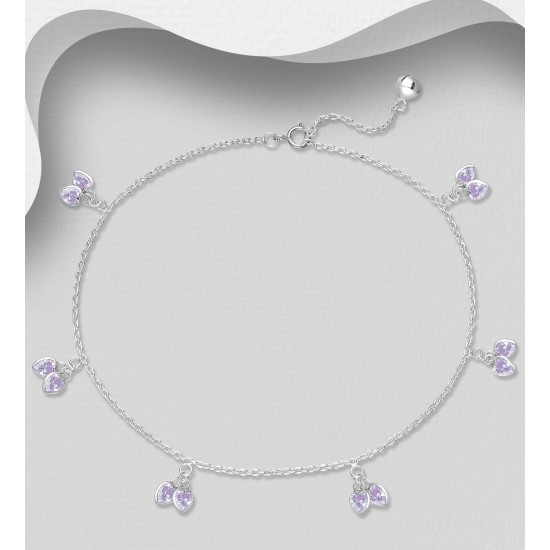 Bracelet de cheville argent 925. orné de coeurs cz Lavande