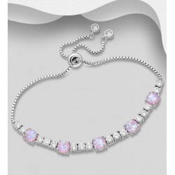 Bracelet réglable argent 925, décoré d'opale créée en laboratoire Rose et de diamants simulés CZ Blanc