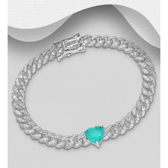 Bracelet chaîne argent 925 Rhodié avec cœur et maillons, orné de diamants simulés CZ Bleu