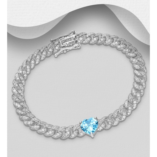 Bracelet chaîne argent 925 Rhodié avec cœur et maillons, orné de diamants simulés CZ Bleu ciel