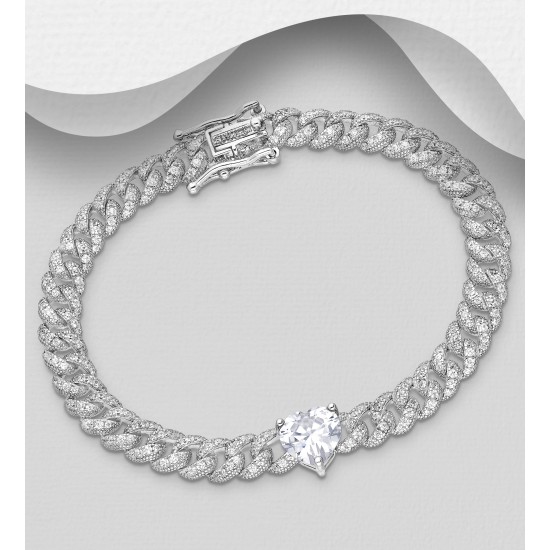 Bracelet chaîne argent 925 Rhodié avec cœur et maillons, orné de diamants simulés CZ Blanc
