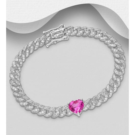 Bracelet chaîne argent 925 Rhodié avec cœur et maillons, orné de diamants simulés CZ Rose
