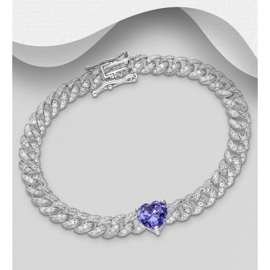 Bracelet chaîne argent 925 Rhodié avec cœur et maillons, orné de diamants simulés CZ Tanzanite