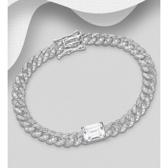 Bracelet chaîne argent 925 Rhodié avec cœur et maillons, orné de diamants simulés CZ