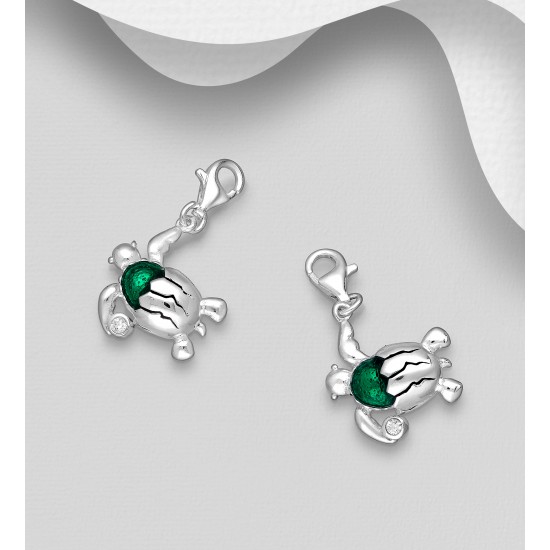 Charms tortue en argent sterling 925, orné de diamants simulés CZ et d'émail Verte