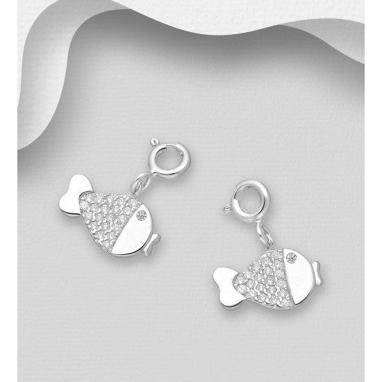 Charms poisson argent 925, décoré de diamants simulés CZ