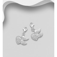 Charms cœur et ailes argent 925, ornée de diamants simulés CZ Blanc