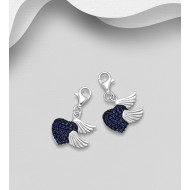 Charms cœur et ailes argent 925, ornée de diamants simulés CZ Bleu