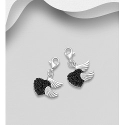 Charms cœur et ailes argent 925, ornée de diamants simulés CZ Noir