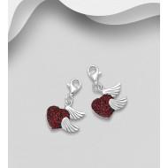 Charms cœur et ailes argent 925, ornée de diamants simulés CZ Rouge