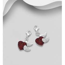 Charms cœur et ailes argent 925, ornée de diamants simulés CZ Rouge