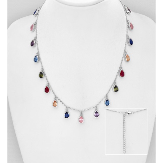 Collier pendant argent 925, orné de diamants simulés CZ colorés