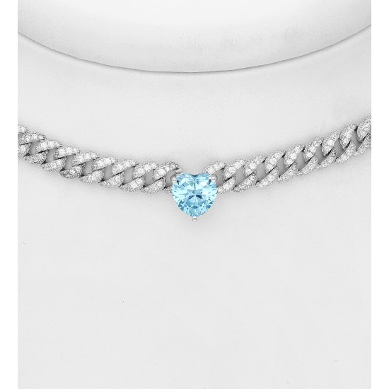 Tour de cou argent 925 Rhodié avec cœur et maillons de chaîne, orné de diamants simulés CZ Bleu ciel