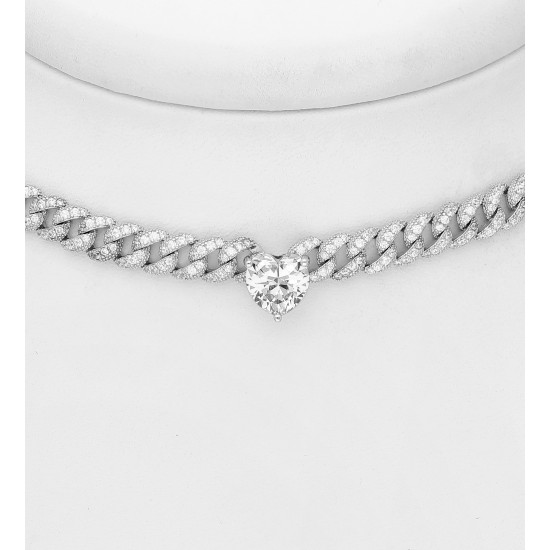 Tour de cou argent 925 Rhodié avec cœur et maillons de chaîne, orné de diamants simulés CZ Blanc
