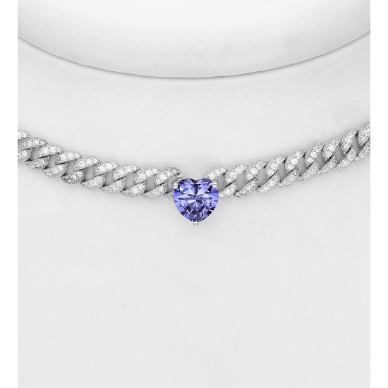 Tour de cou argent 925 Rhodié avec cœur et maillons de chaîne, orné de diamants simulés CZ Tanzanite
