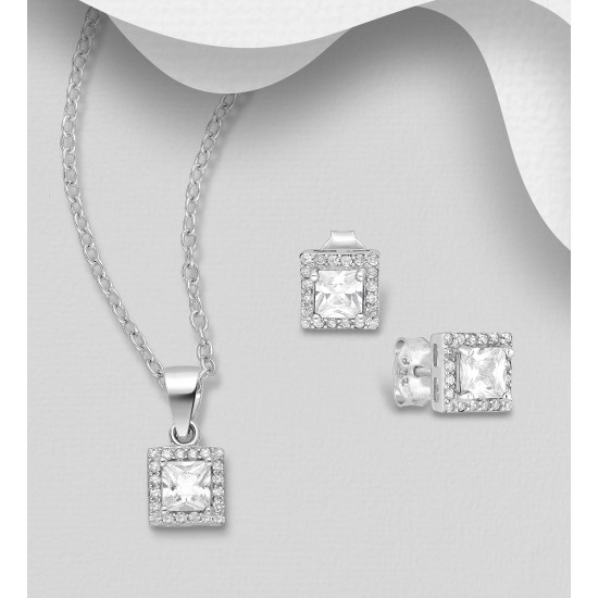 Ensemble boucles d'oreilles et pendentif en argent  925 avec halo carré, avec diamants simulés CZ blanc