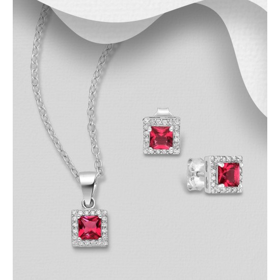Ensemble boucles d'oreilles et pendentif en argent  925 avec halo carré, avec diamants simulés CZ rouge