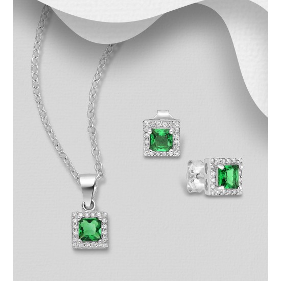 Ensemble boucles d'oreilles et pendentif en argent  925 avec halo carré, avec diamants simulés CZ vert