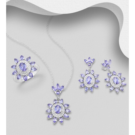 Ensemble Boucles d'oreilles, pendentif et bague en argent 925, décorés de tanzanite et CZ