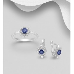 Ensemble boucles d'oreilles et bague en argent 925, décorées de diamants simulés CZ et de saphirs bleus