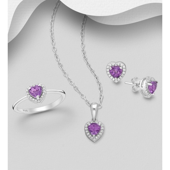 Ensemble boucles d'oreilles, pendentif et bague en argent  925, avec diamants simulés CZ et Améthyste 