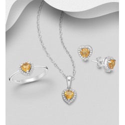 Ensemble boucles d'oreilles, pendentif et bague argent 925, Rhodié avec diamants simulés CZ colorés