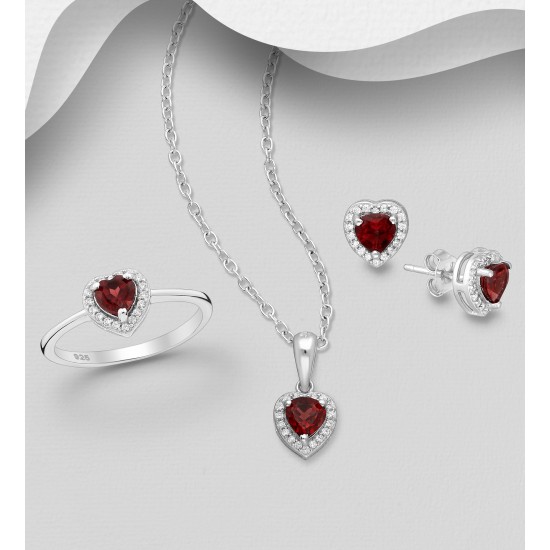 Ensemble boucles d'oreilles, pendentif et bague en argent  925, avec diamants simulés CZ et Grenat