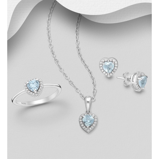Ensemble boucles d'oreilles, pendentif et bague en argent  925, avec diamants simulés CZ et Topaze bleu