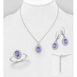 Ensemble boucles d'oreilles, bague, pendentif et collier en argent 925, ornés de diamants simulés CZ et de Tanzanite