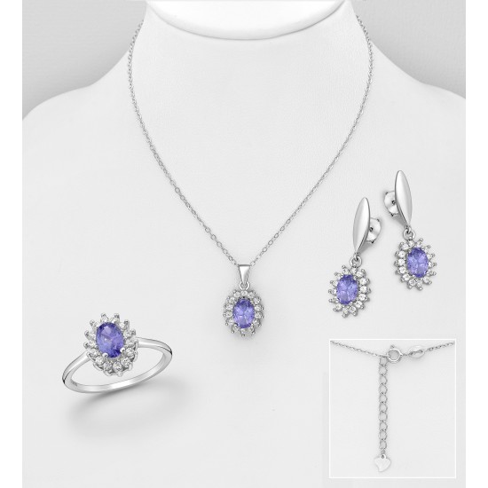 Ensemble boucles d'oreilles, bague, pendentif et collier en argent 925, ornés de diamants simulés CZ et de Tanzanite