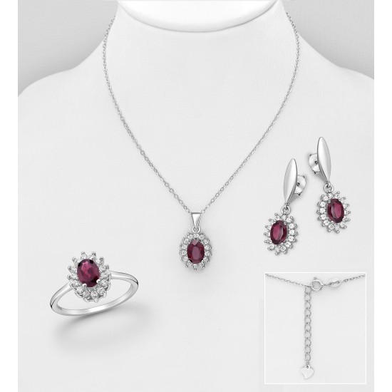 Ensemble boucles d'oreilles, bague, pendentif et collier en argent 925, ornés de diamants simulés CZ et de rhodolite 