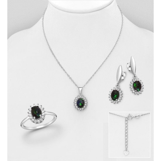 Ensemble boucles d'oreilles, bague, pendentif et collier en argent 925, ornés de diamants simulés CZ et d'opale éthiopienne