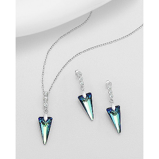 Ensemble boucles d'oreilles et pendentif argent 925 décorés de diamants simulés CZ et de cristaux Swarovski bleu des Bermudes