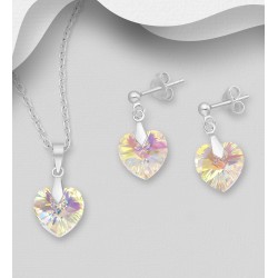 Ensemble boucles d'oreilles et pendentif coeur en argent 925 avec pendentif orné de cristaux Swarovski aurore boréale