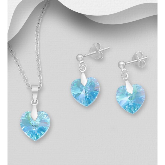 Ensemble boucles d'oreilles et pendentif coeur en argent 925 avec pendentif orné de cristaux Swarovski aigue-marine