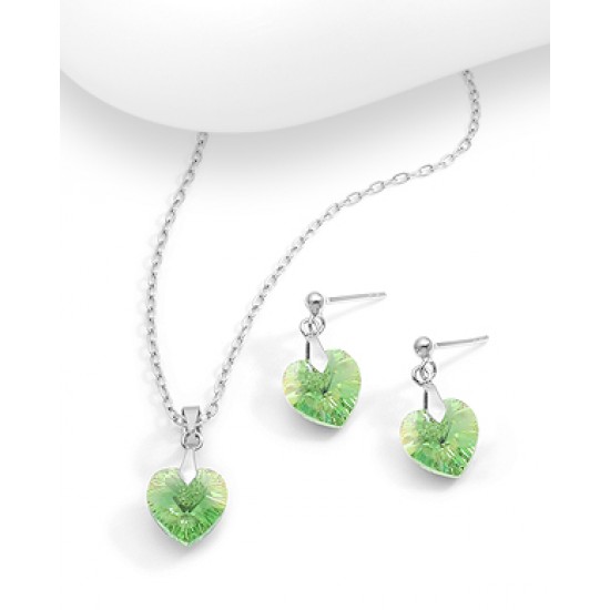 Ensemble boucles d'oreilles et pendentif coeur en argent 925 avec pendentif orné de cristaux Swarovski péridot