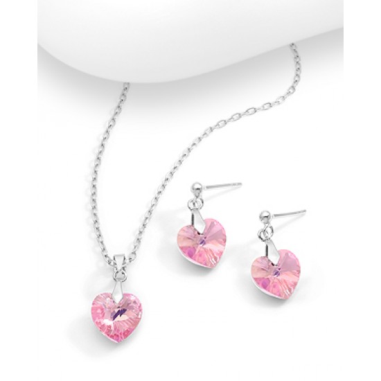 Ensemble boucles d'oreilles et pendentif coeur en argent 925 avec pendentif orné de cristaux Swarovski rose claire